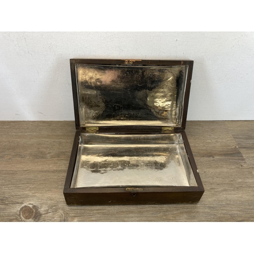 542 - A Victorian mahogany workbox with brass cartouche - approx. 8.5cm high x 33cm wide x 20cm deep