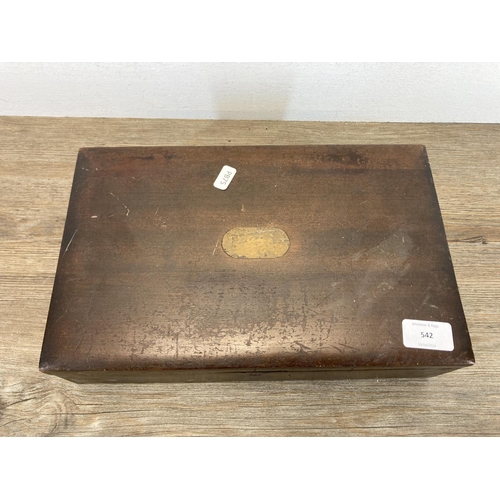 542 - A Victorian mahogany workbox with brass cartouche - approx. 8.5cm high x 33cm wide x 20cm deep