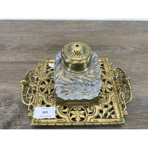 544 - A 19th century Townshend & Co. brass inkwell stand with pressed glass inkwell and brass top - approx... 