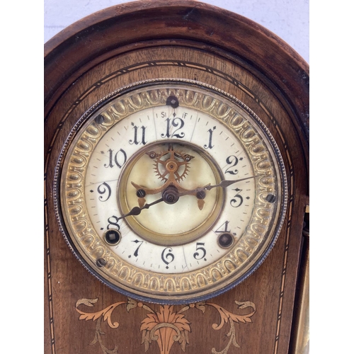 560 - A late Victorian Ansonia Clock Co. of New York inlaid mahogany chiming mantel clock with French styl... 