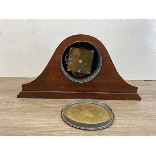 562 - An Edwardian inlaid mahogany key wind mantel clock - approx. 15cm high x 30cm wide x 8.5cm deep