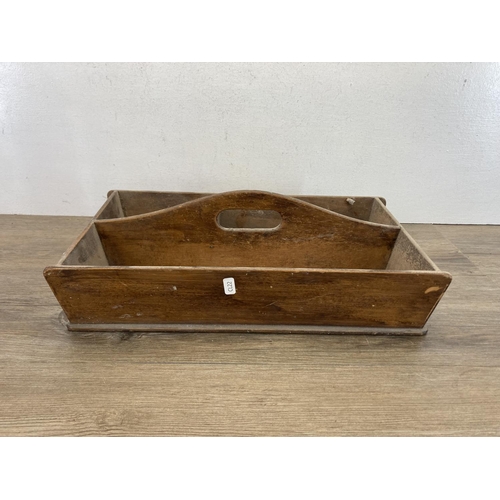 585 - A 19th century stained pine three section cutlery tray - approx. 9.5cm high x 46cm wide x 26cm deep