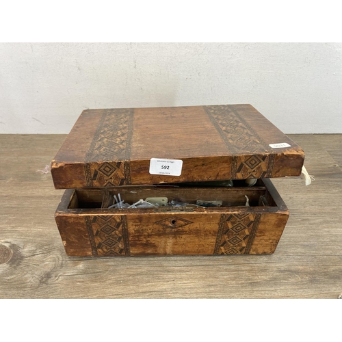 592 - A 19th century Tunbridge Ware walnut writing slope with contents