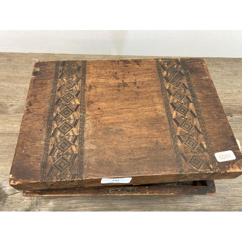 592 - A 19th century Tunbridge Ware walnut writing slope with contents