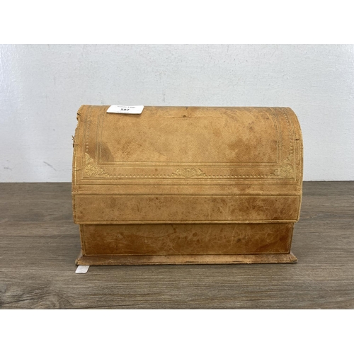 597 - A vintage Harrods of London tanned leather three section desk tidy - approx. 17cm high x 24cm wide x... 