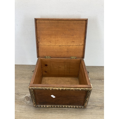 600 - A 19th century pine and gilded storage box with brass handles - approx. 19cm high x 32cm wide x 24.5... 