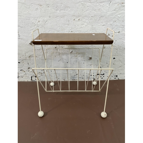 105 - A mid 20th century white painted metal and teak atomic sputnik magazine rack side table - approx. 55... 