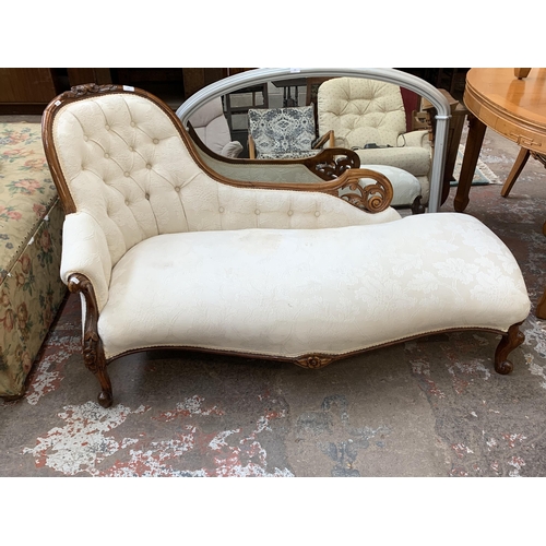 111 - A Victorian carved walnut and fabric upholstered chaise longue - approx. 83cm high x 158cm wide x 86... 