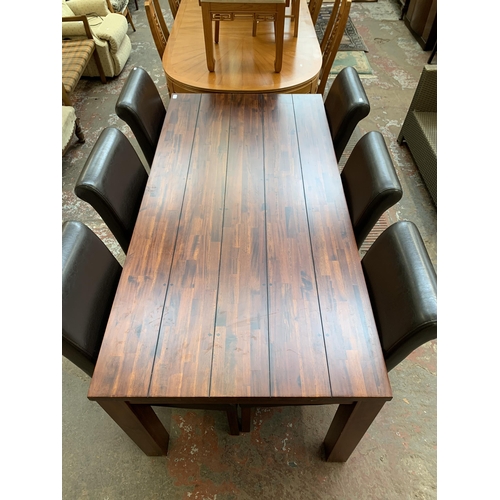 115 - A modern hardwood rectangular dining table and six brown leatherette upholstered chairs - approx. 78... 