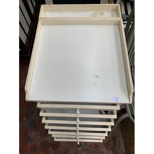 171 - A mid 20th century white painted seven drawer kitchen trolley island on castors - approx. 80cm high ... 