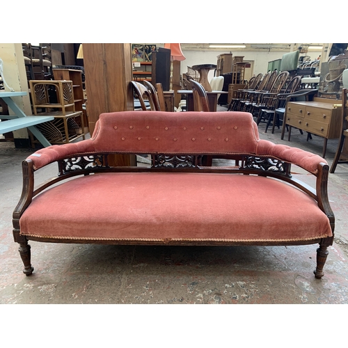 190 - A late 19th/early 20th century carved mahogany and fabric upholstered parlour sofa - approx. 69cm hi... 