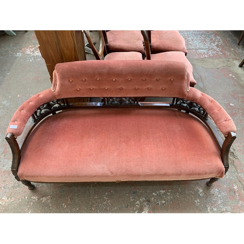 190 - A late 19th/early 20th century carved mahogany and fabric upholstered parlour sofa - approx. 69cm hi... 