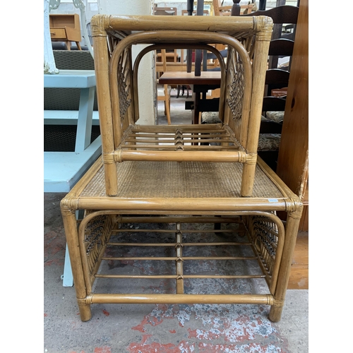 191 - Two Boho style cane and wicker side tables - largest approx. 46cm high x 52cm wide x 67cm long