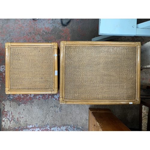 191 - Two Boho style cane and wicker side tables - largest approx. 46cm high x 52cm wide x 67cm long