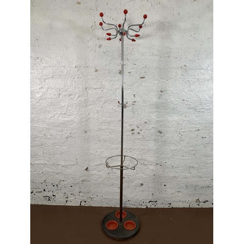 202 - A mid 20th century metal and red plastic coated Sputnik coat stand - approx. 163cm high