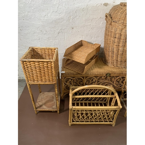 236 - Seven pieces of wicker furniture to include magazine rack, blanket box, jardiniere stand, bottle rac... 