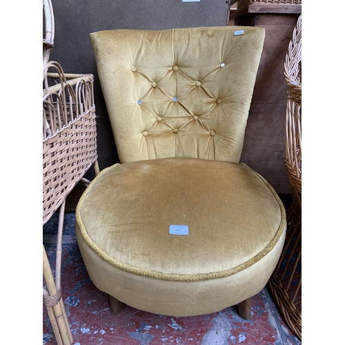 245 - A mid 20th century yellow fabric button back upholstered bedroom chair - approx. 72cm high x 55cm wi... 