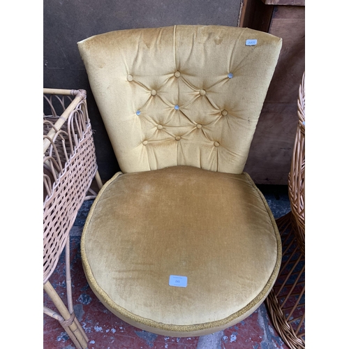 245 - A mid 20th century yellow fabric button back upholstered bedroom chair - approx. 72cm high x 55cm wi... 