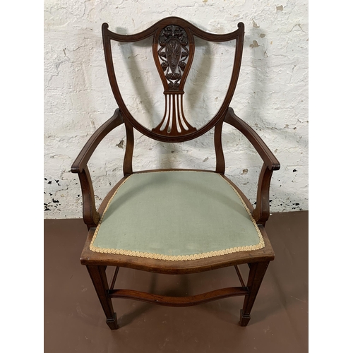 272 - An Edwardian Sheraton Revival carved mahogany and green fabric upholstered armchair - approx. 85cm h... 