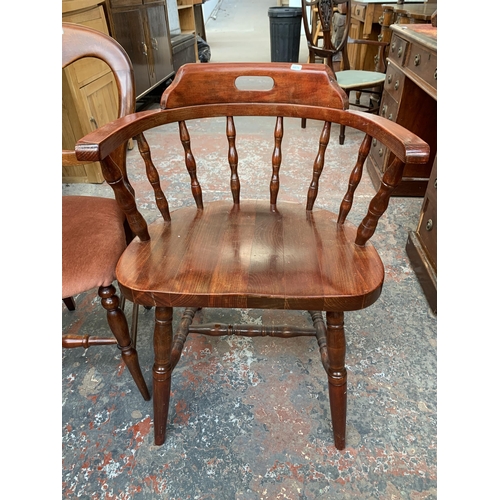 284 - Two chairs, one Victorian stained beech and red fabric upholstered balloon back and one stained beec... 