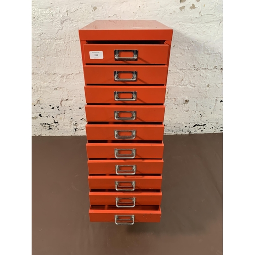 289 - A red metal ten drawer office filing cabinet - approx. 71cm high x 28cm wide x 41cm deep