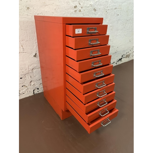 289 - A red metal ten drawer office filing cabinet - approx. 71cm high x 28cm wide x 41cm deep