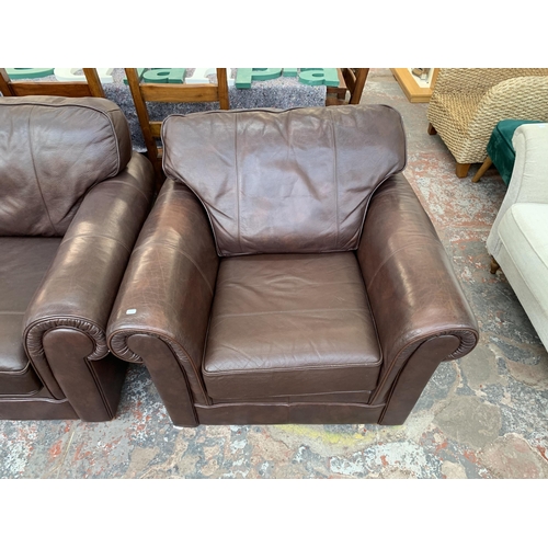 300N - A Marks & Spencer brown leather two piece lounge suite comprising three seater sofa and armchair