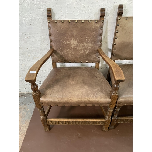 300O - Eight Cromwellian style carved oak and brown leatherette upholstered dining chairs