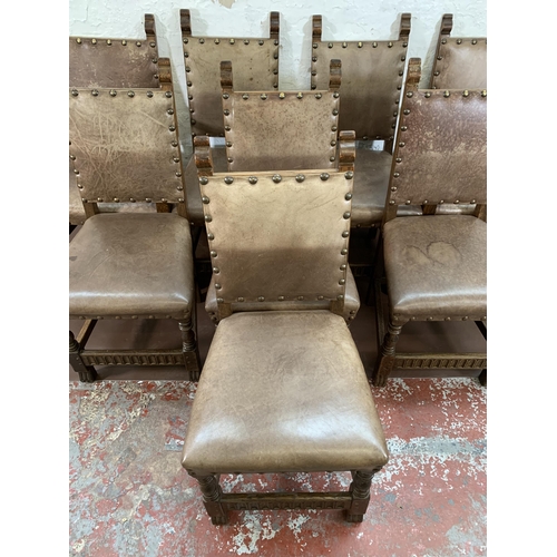 300O - Eight Cromwellian style carved oak and brown leatherette upholstered dining chairs