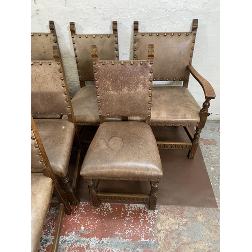 300O - Eight Cromwellian style carved oak and brown leatherette upholstered dining chairs