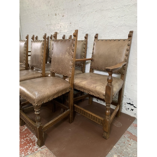 300O - Eight Cromwellian style carved oak and brown leatherette upholstered dining chairs