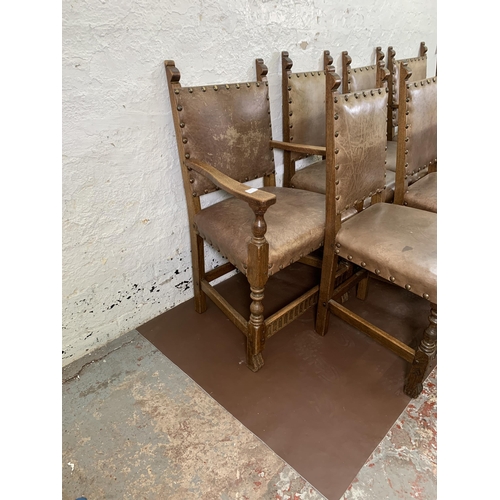 300O - Eight Cromwellian style carved oak and brown leatherette upholstered dining chairs