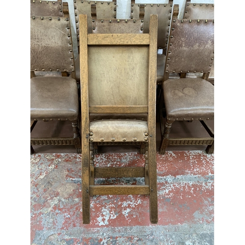 300O - Eight Cromwellian style carved oak and brown leatherette upholstered dining chairs