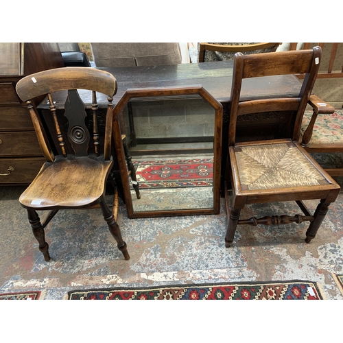 61 - Three items, one Victorian elm and beech farmhouse dining chair, one Edwardian walnut framed dressin... 