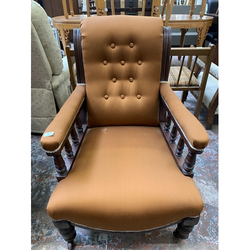 65 - A Victorian mahogany and brown fabric upholstered parlour chair - approx. 94cm high x 66cm wide x 71... 