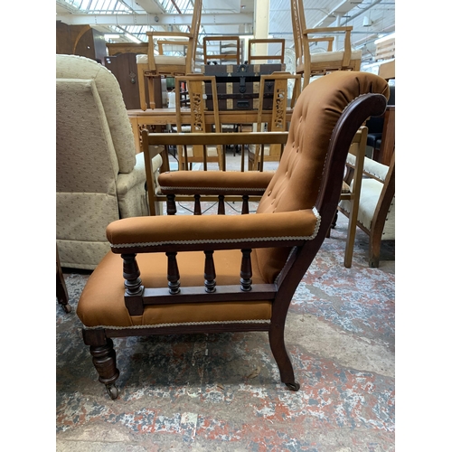 65 - A Victorian mahogany and brown fabric upholstered parlour chair - approx. 94cm high x 66cm wide x 71... 