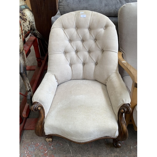 80 - A Victorian mahogany and fabric button back upholstered bedroom chair - approx. 81cm high x 60cm wid... 