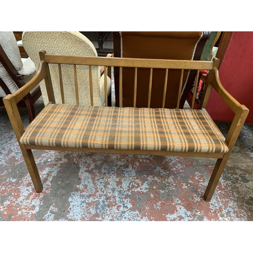 84 - A mid 20th century beech and fabric upholstered bench - approx. 74cm high x 107cm wide x 49cm deep