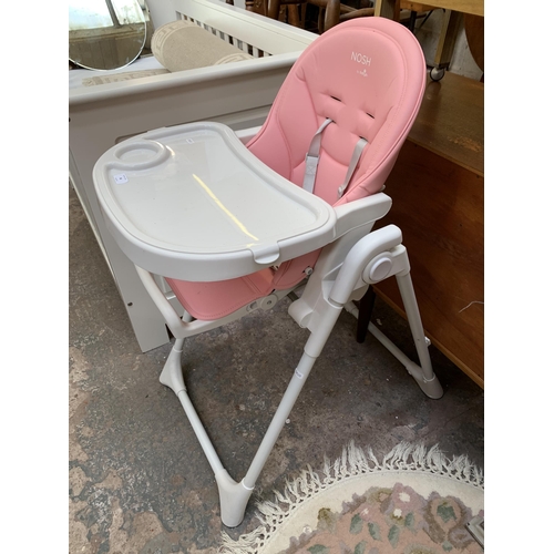 96 - A Babylo Nosh pink faux leather and grey plastic adjustable high chair