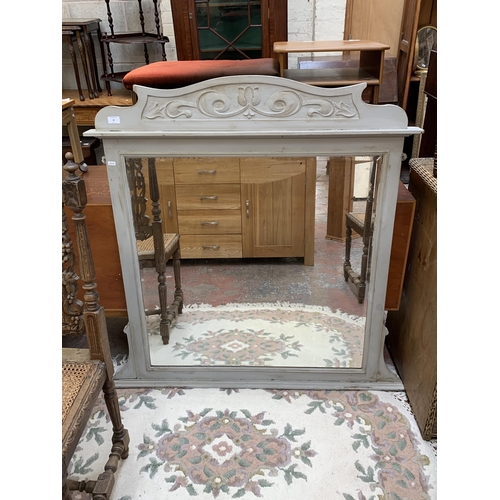 98 - An Edwardian grey painted framed bevelled edge over mantel mirror - approx. 121cm high x 120cm wide