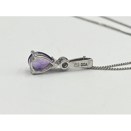 A 9ct white gold diamond and amethyst pendant necklace - approx. gross ...