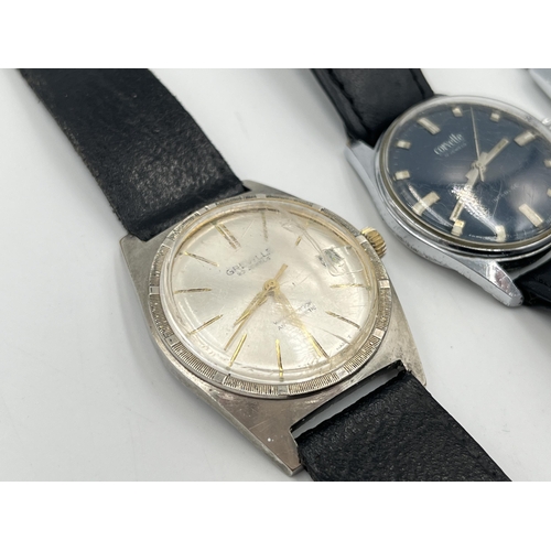 2286 - Three mid 20th century mechanical men's wristwatches, one Timex, one Greville with coined edge bezel... 