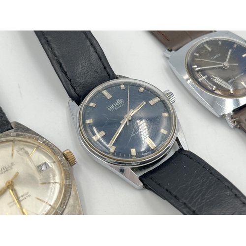 2286 - Three mid 20th century mechanical men's wristwatches, one Timex, one Greville with coined edge bezel... 