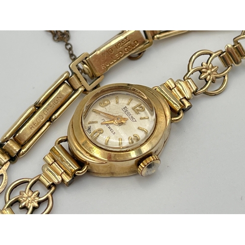 2300 - A mid 20th century hallmarked 9ct gold cased Regency mechanical lady's wristwatch on rolled gold bra... 