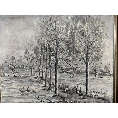 625 - A mid 20th century framed oil on canvas of a winter landscape scene signed Depoorter Geo - approx. 7... 