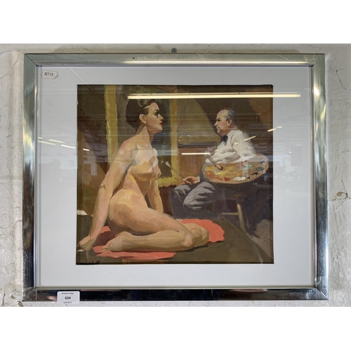 634 - A framed George Seton Coggeshall (Illinois, 1914-1994) acrylic painting of Alfred Hitchcock and Muse... 