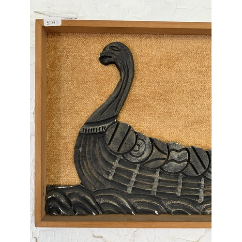 648 - A mid 20th century framed polystyrene Viking boat wall hanging - approx. 31cm high x 92cm wide