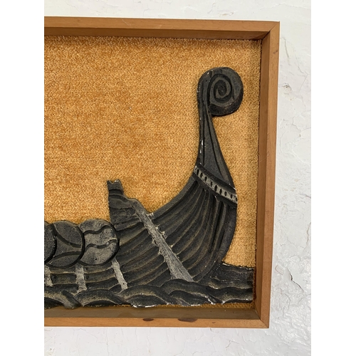 648 - A mid 20th century framed polystyrene Viking boat wall hanging - approx. 31cm high x 92cm wide