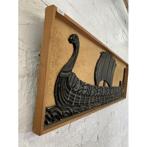 648 - A mid 20th century framed polystyrene Viking boat wall hanging - approx. 31cm high x 92cm wide