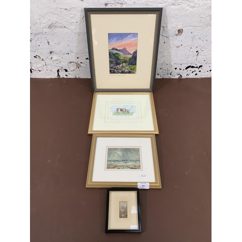 651 - Four framed pictures to include watercolour titled 